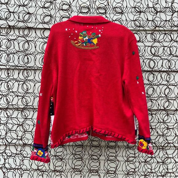 Vintage 90s Ugly Christmas sweater cardigan sledding teddy bears Americana bold - Picture 2 of 6